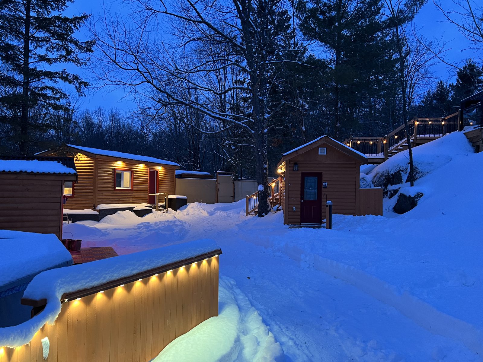 Hot Rock Spa in Carp — the commercial spa yard on a winter evening